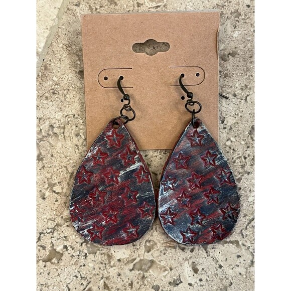 Leather Dangle Teardrop Earrings Stars USA Handmade Tooled Leather Western Boho - Picture 1 of 3